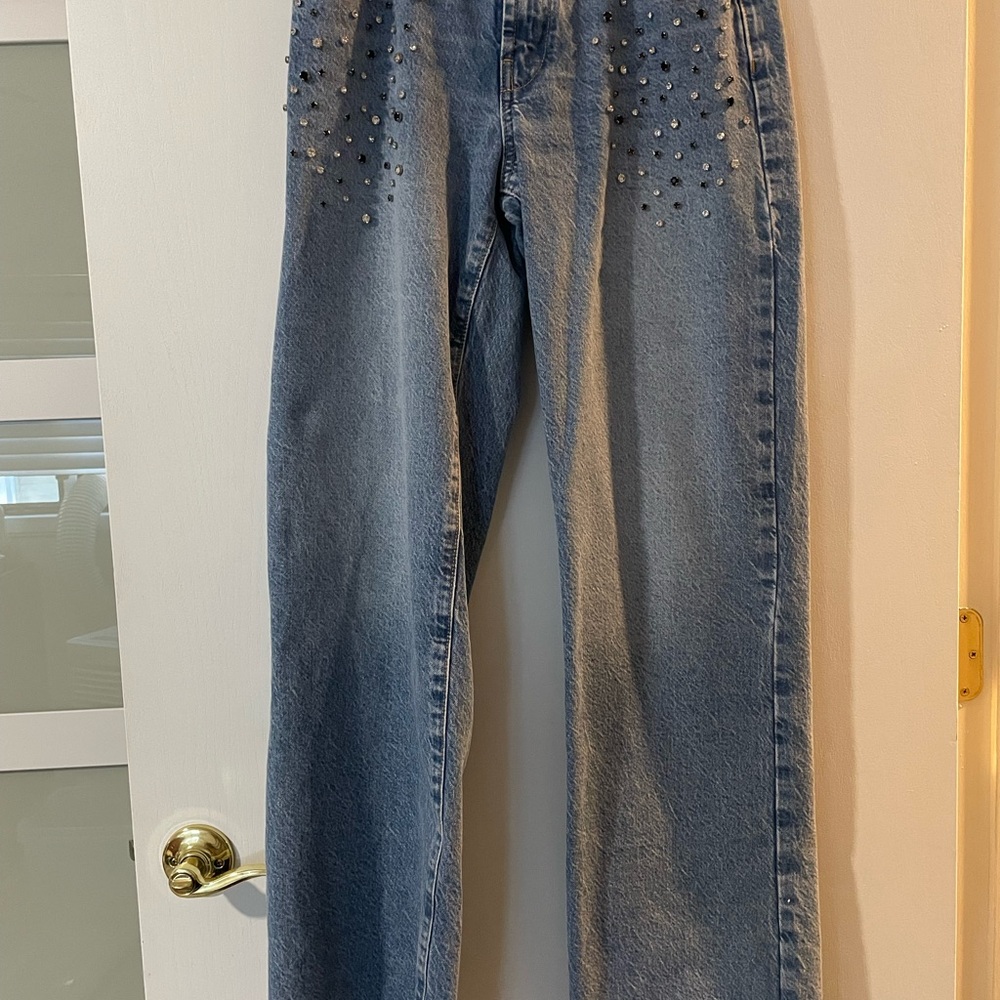 Zara Black & Crystal Studded Wide Leg Jeans
